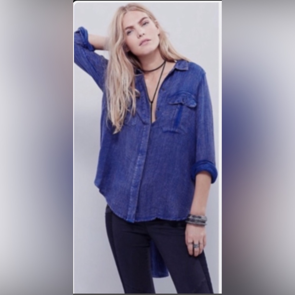 Free People Blue Waffle Hi Lo Textured Button-Up Shirt Tie Back